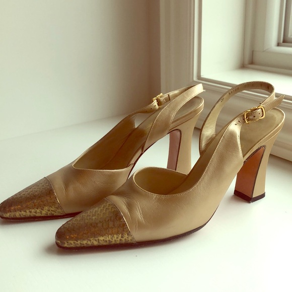 Salvatore Ferragamo Shoes - Ferragamo Gold Leather/Snakeskin Slingback Heels Salvatore Ferragamo Shoes - Ferragamo Gold Leather/Snakeskin Slingback Heels